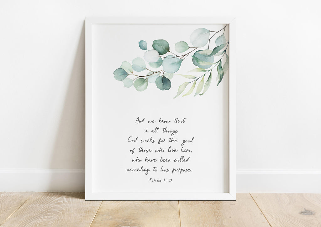 Biblical promise in nature-inspired wall decor, Christian home decor with meaningful scripture, Botanical design and Romans 8:28 art