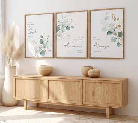 Botanical Bible verse print set of 3 featuring eucalyptus leaves and scriptures from Matthew 28:20, 1 Peter 5:7, and Psalm 46:10.