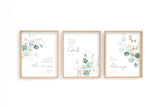 Botanical Bible verse print set of 3 featuring eucalyptus leaves and scriptures from Matthew 28:20, 1 Peter 5:7, and Psalm 46:10.
