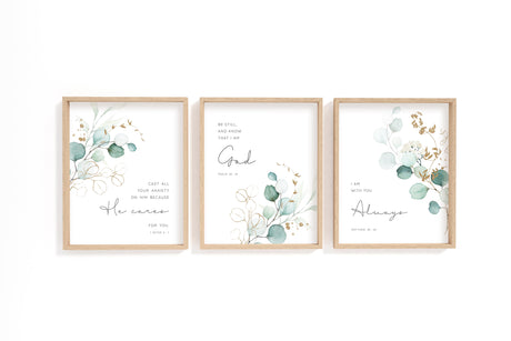 Botanical Bible verse print set of 3 featuring eucalyptus leaves and scriptures from Matthew 28:20, 1 Peter 5:7, and Psalm 46:10.