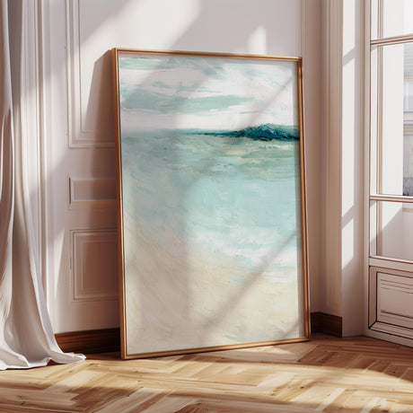 'Bramble Bush Bay Shores' – Abstract beach print in duck egg blue.