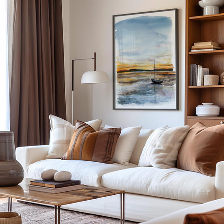 Handmade painting of a yacht and island, reflecting Dorset’s coastal charm.