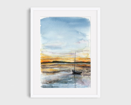 Maritime art print featuring a yacht at low tide with warm and cool tones.