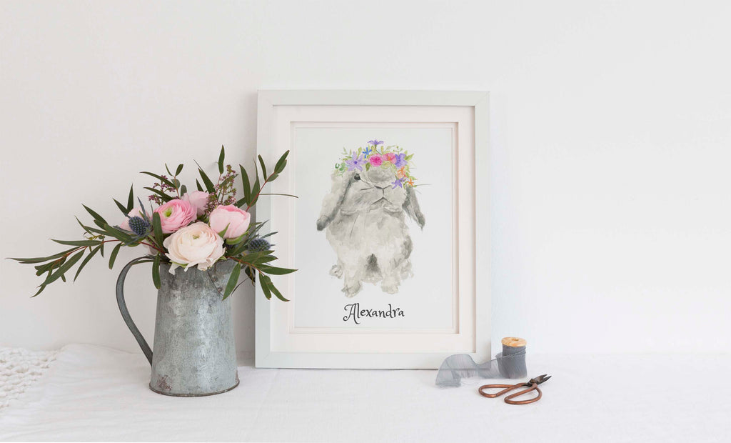 Personalized gift: Grey bunny with flower crown and custom text, Customized watercolour bunny with name or quote option