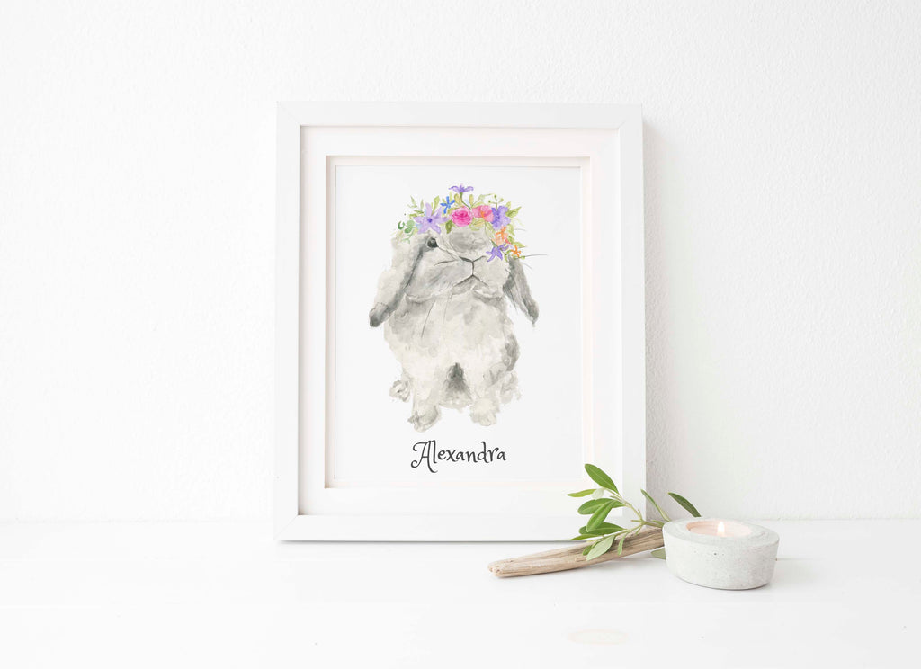 Personalized watercolour grey bunny with flower crown, Custom watercolour bunny figurine with name or quote