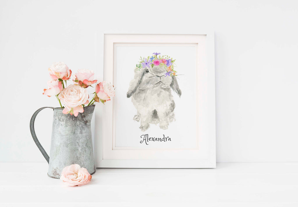 Whimsical grey bunny with flower crown and personalization option, Unique watercolour bunny wearing flower crown with customization