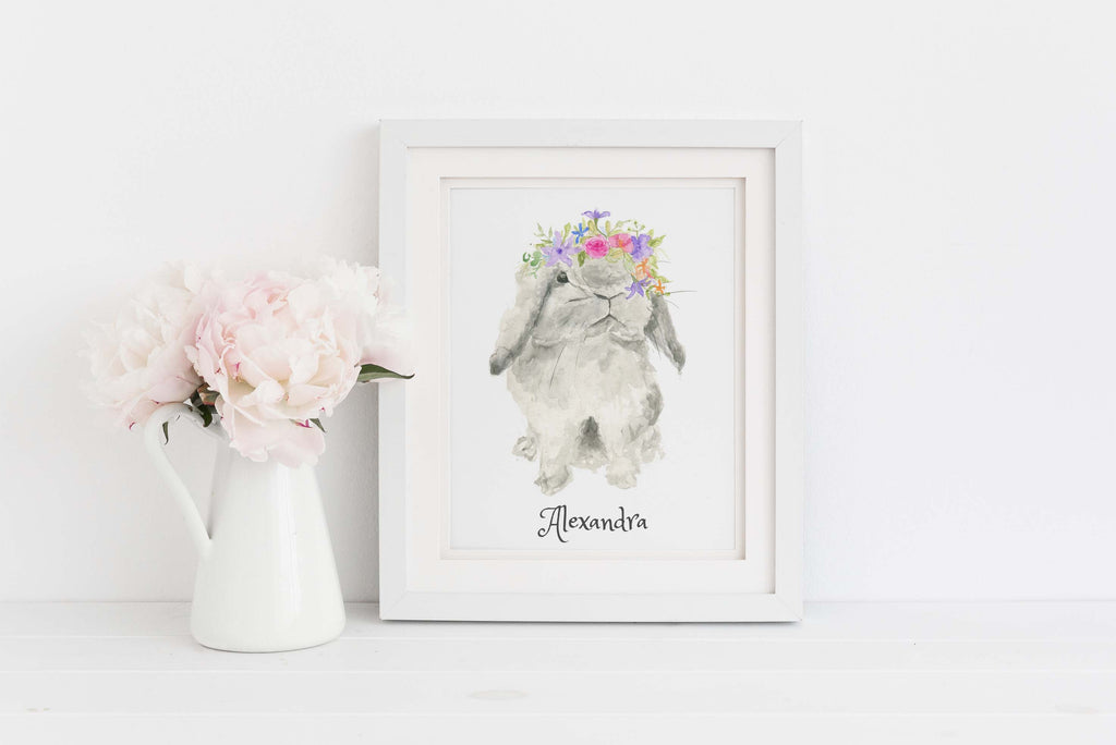 personalized bunny figurine with flower crown, Watercolour grey bunny with custom name or quote, Delicate watercolour grey bunny