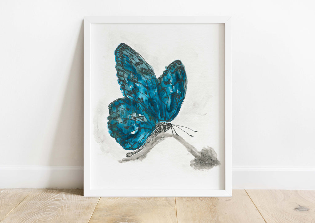 Elegant blue butterfly watercolour wall decor, Unique blue watercolour butterfly artwork, Blue watercolour butterfly art print for sale