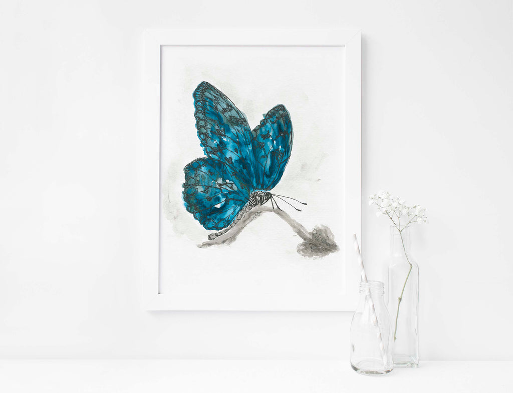 Nature-inspired blue butterfly art print, Serene blue butterfly painting for home decor, Collectible blue watercolour butterfly print