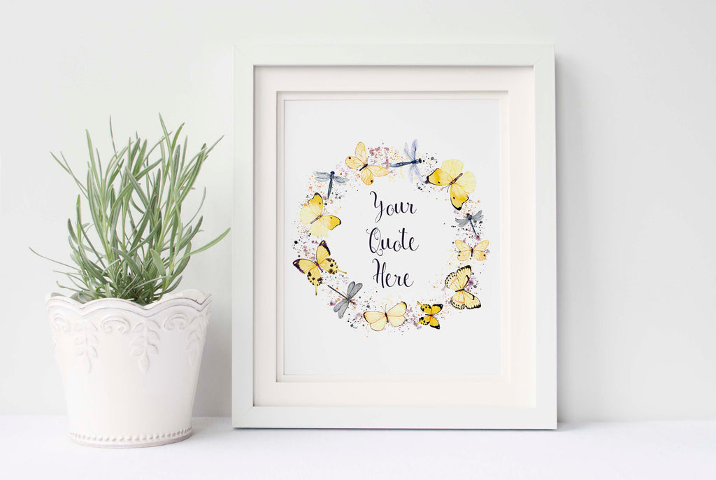 Butterfly-themed custom print with chosen quote, Custom yellow butterfly quote print for personalized home decor
