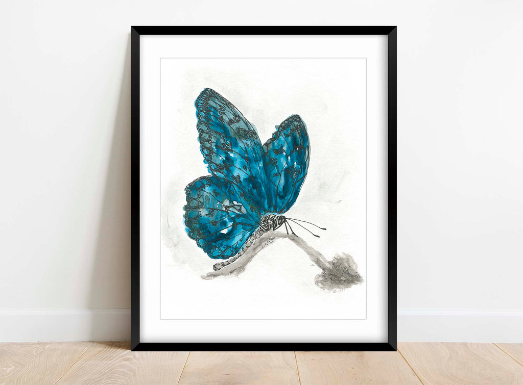 Stunning blue butterfly wall art for interiors, Intricate blue watercolour butterfly print, Mesmerizing blue watercolour butterfly art