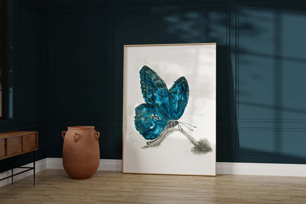 Nature-inspired unframed butterfly print, Delicate butterfly home decor in teal, Watercolour art for contemporary interiors