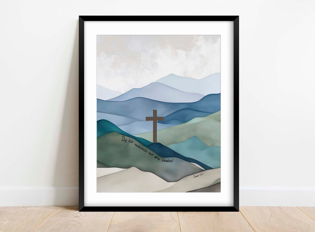 Symbolic cross amidst scenic beauty art, Inspirational Jesus cross in blue-green hues, Isaiah 53 5 Jesus Cross Wall Art