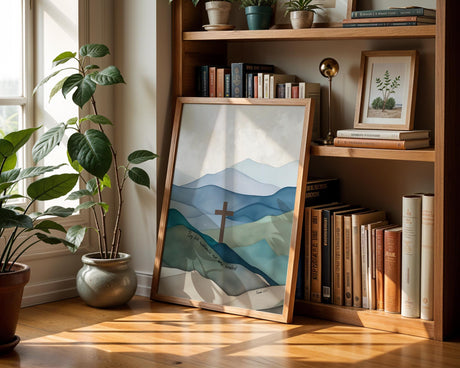 Faith-filled artwork of rolling mountains in blue and green hues with a brown cross above and the powerful scripture: "By His wounds we are healed."