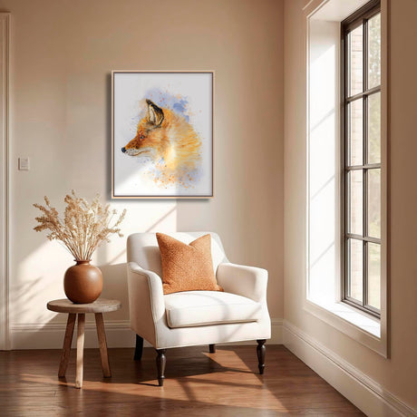 'Still & Knowing' - Canvas fox print hung in a country living room, warm amber tones animal wall art country home decor by Crafty Cow Design.