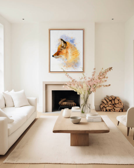 'Still & Knowing' - Framed canvas fox print in white frame, warm russet and amber watercolour tones, woodland decor cottagecore rustic animal wall art by Crafty Cow Design.