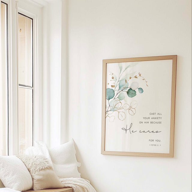 Botanical 1 Peter 5:7 Bible verse print with "Cast All Your Anxiety On Him" scripture and elegant leaf design.