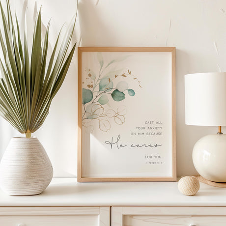 Christian wall art featuring 1 Peter 5:7 verse with calming botanical leaves and modern faith-inspired design.