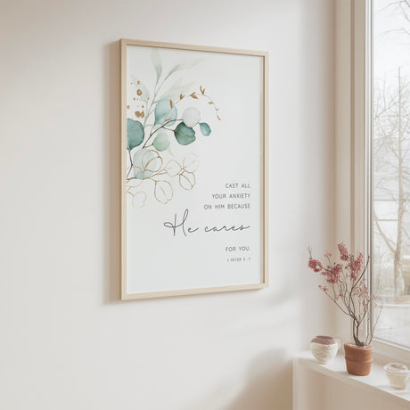 Cast All Your Anxiety On Him Bible verse print with soothing leaf illustration for peaceful home decor.