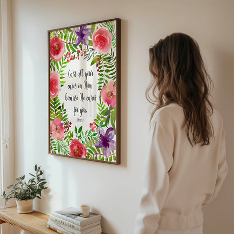 Inspirational Christian wall art featuring flowers and a heartfelt reminder of God’s love and care.