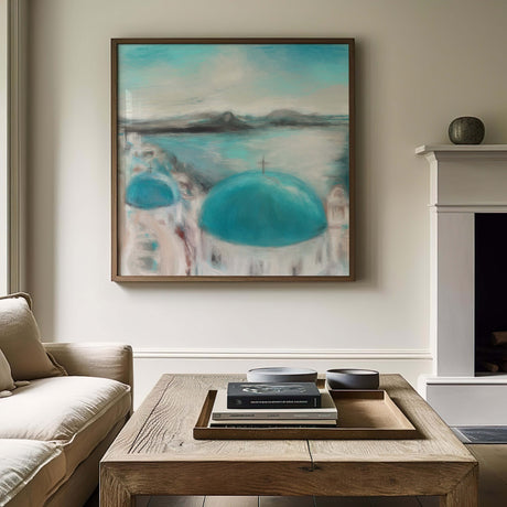 Blue sky and distant mountains in abstract Greek seascape art