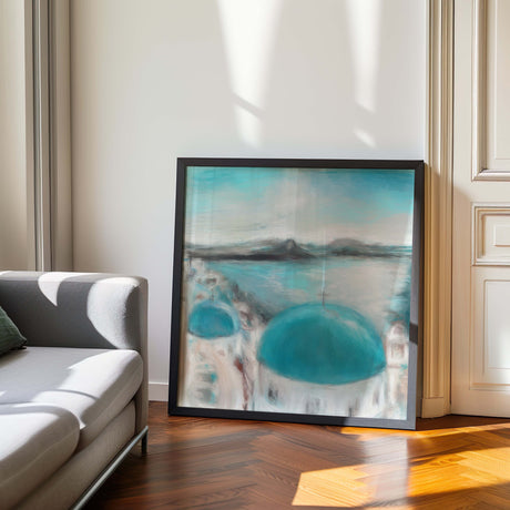 Square painting of whitewashed town by the sea with calm colours