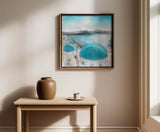 Greek island abstract wall art with churches and sea. Tranquil blue and white abstract coastal print