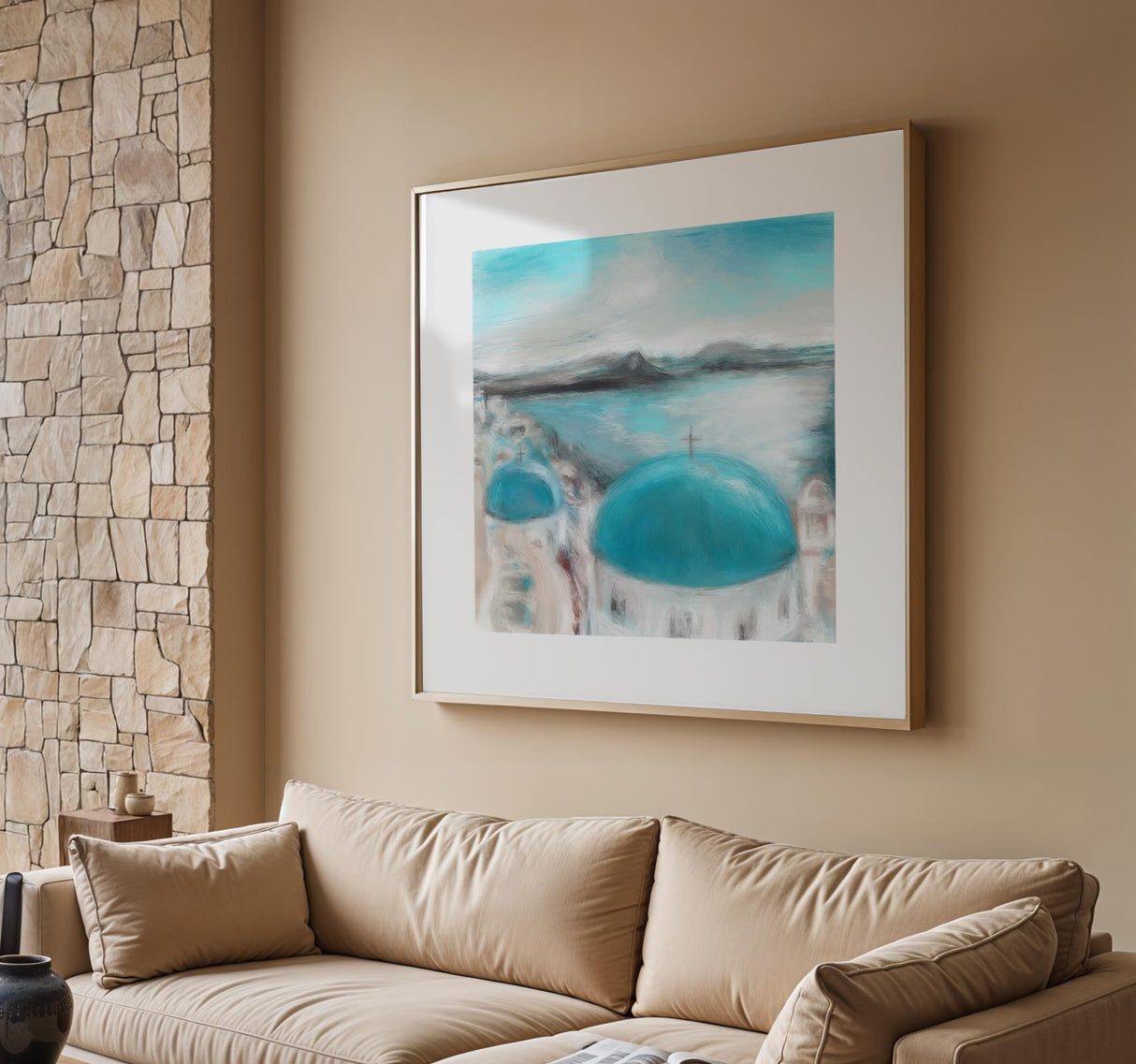Abstract square print of a Greek town beside the sea