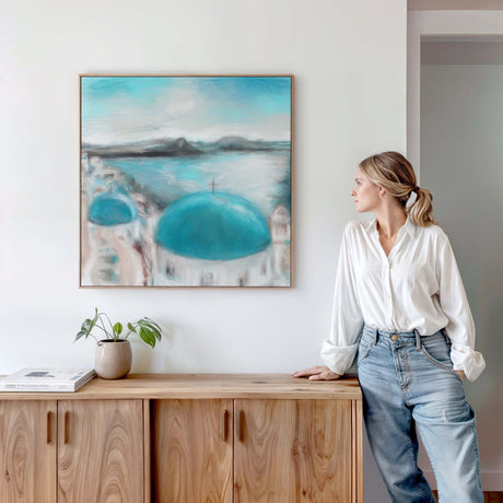 Modern abstract print of Greek coast in blue and cream