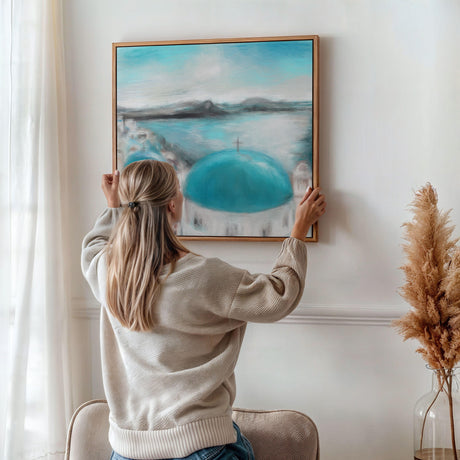 Abstract painting of a Greek coastal town with domed blue roofs and turquoise water