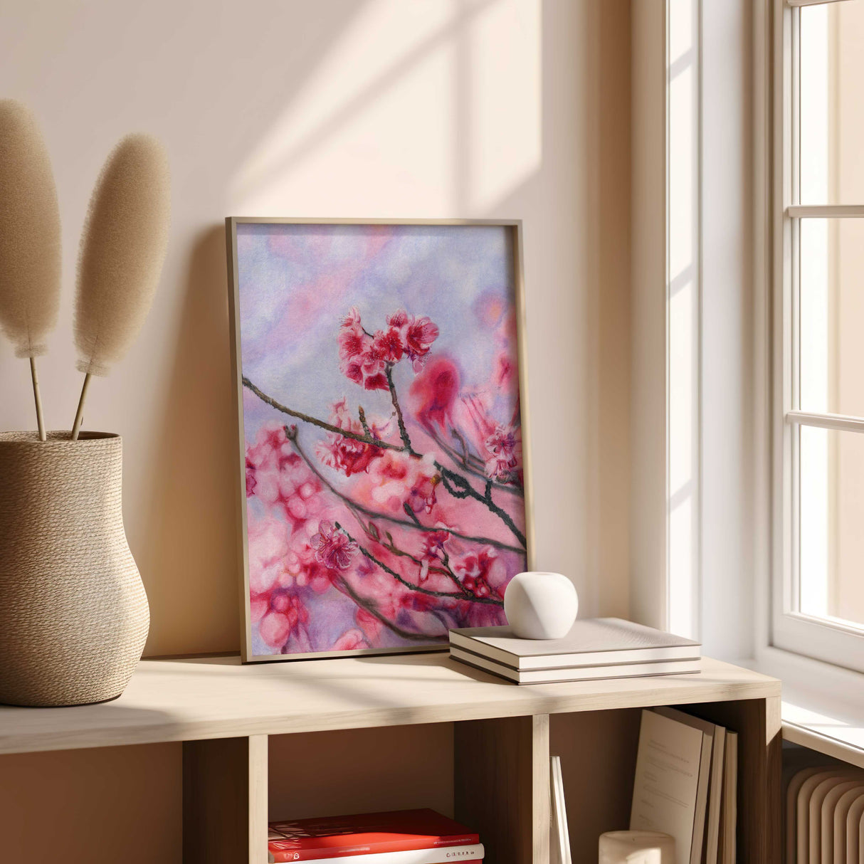 Coloured pencil floral art featuring cherry blossoms and a calm, cool-toned sky.