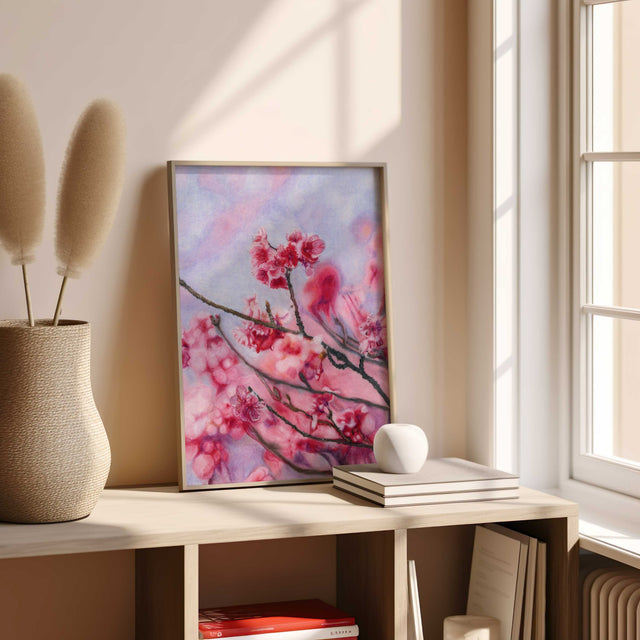 Coloured pencil floral art featuring cherry blossoms and a calm, cool-toned sky.