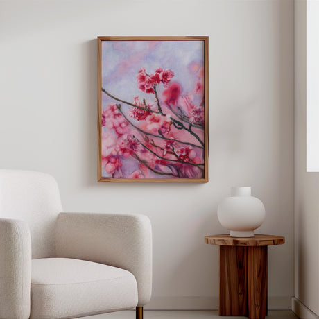 Peaceful scene of pink cherry blossoms drawn on branches with a soft, cloud-like background.