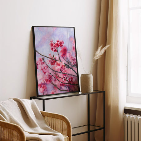 Artistic rendering of cherry blossom blooms in front of a blue-lilac pencil-blended sky.