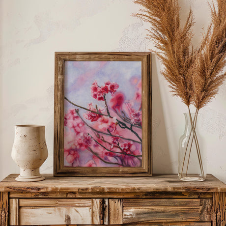 A pastel-toned coloured pencil artwork of pink blossoms and springtime sky.