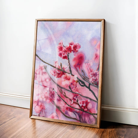 A delicate drawing of pink cherry blossoms with a serene blue and lilac sky background.