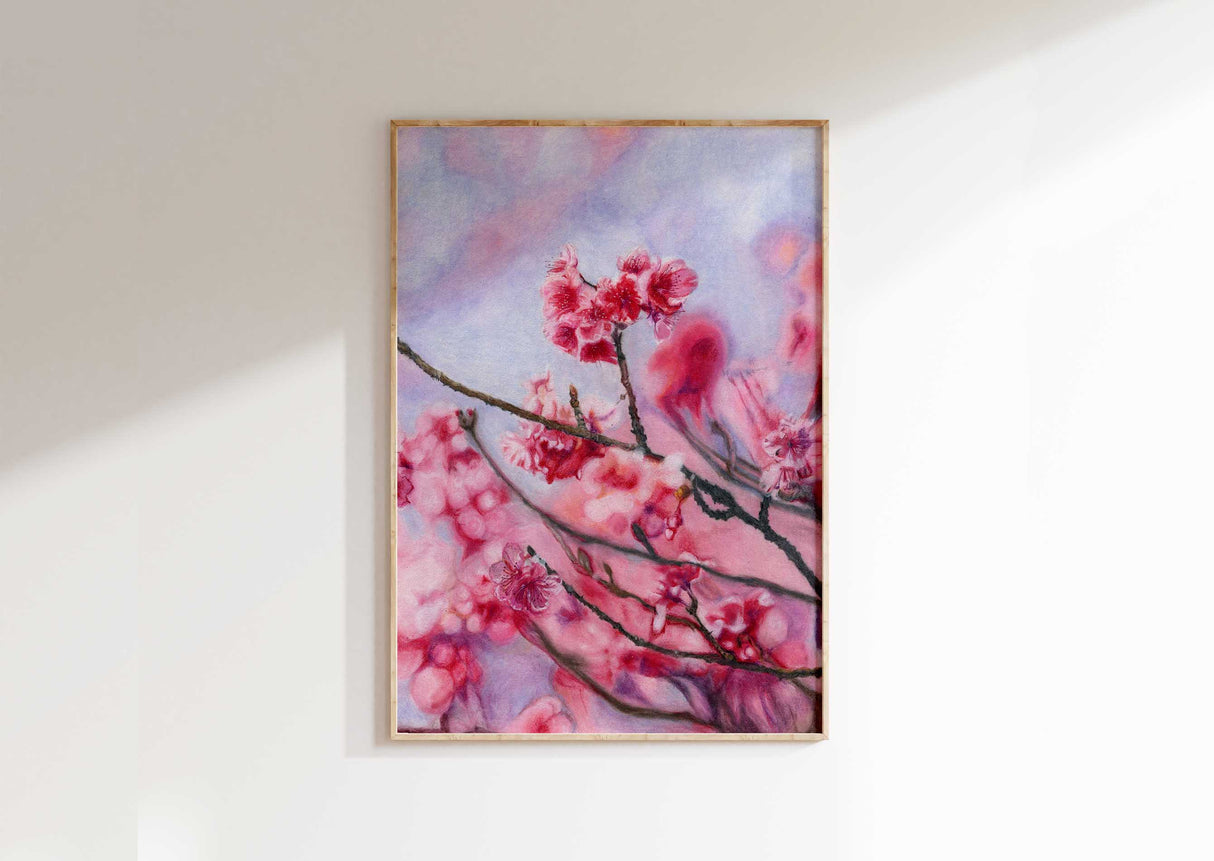 Coloured pencil artwork of soft pink cherry blossoms set against a gentle blue-lilac sky.