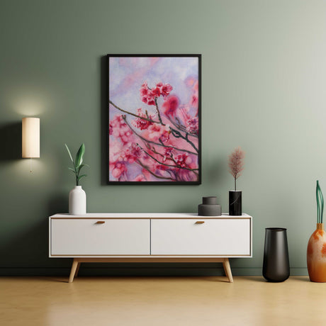 Close-up of pink cherry blossom flowers illustrated with coloured pencils against a soft spring sky.
