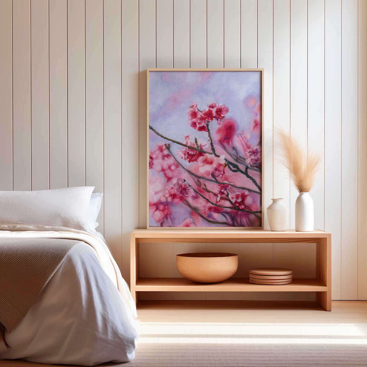Blooming cherry blossoms in shades of pink with a tranquil blue and lilac sky backdrop.