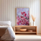 Blooming cherry blossoms in shades of pink with a tranquil blue and lilac sky backdrop.