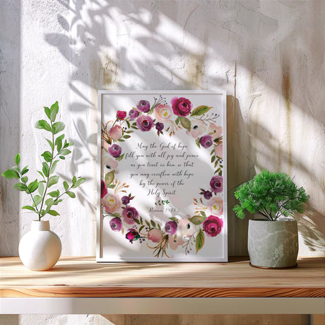 "May the God of hope fill you with all joy and peace" scripture print with intricate floral motifs, ideal for uplifting faith-based home decor.