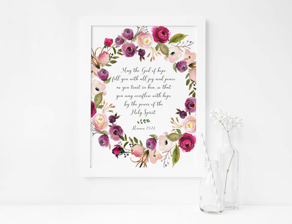 Delicate flowers and inspirational quote: Romans 15:13 print, Serene wall decor: Floral Romans 15:13 art print