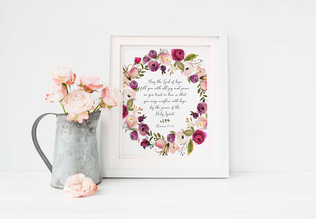 Floral-themed scripture print: Romans 15:13 for inspiration, Artistic representation: Romans 15:13 verse with floral motif