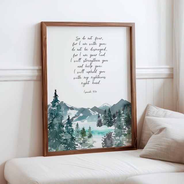 Isaiah 41:10 mountain wall art with Bible verse and serene pastel landscape for strength and comfort. Peaceful mountain Bible verse art with "Do not fear, for I am with you" from Isaiah 41:10. 