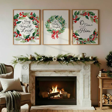 Christmas carol print set with wreaths and holiday quotes.