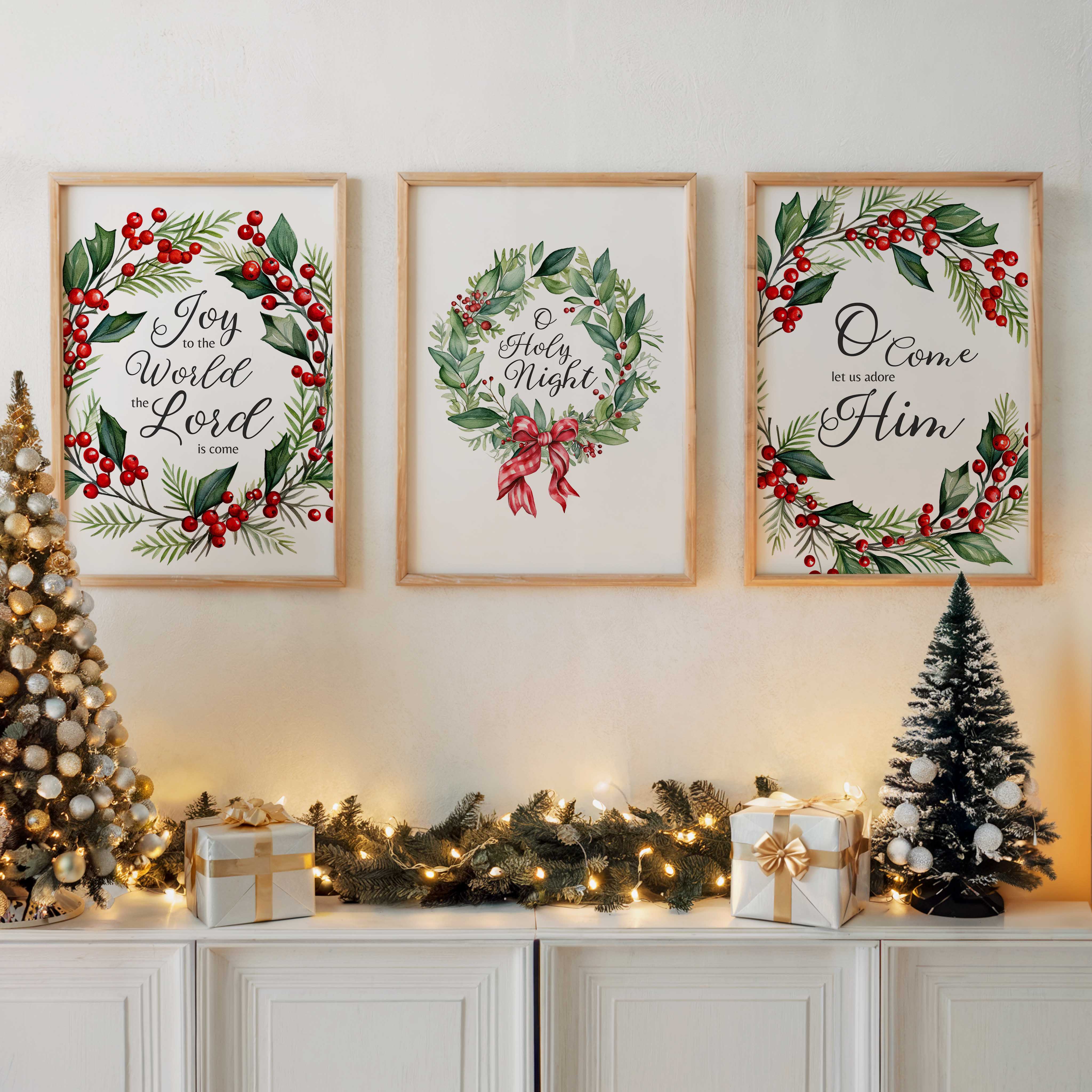 christian christmas carols wreath 3 print set traditional home