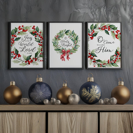 Traditional Christmas wall art set with elegant wreath illustrations and classic carol quotes in a warm holiday colour palette.