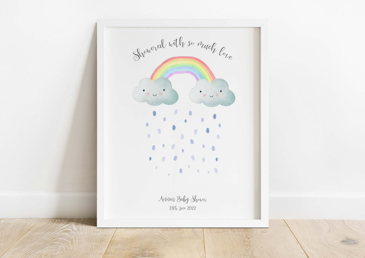 Personal Touch Rainbow Baby Shower Decor, Baby Shower Inkpad Included Keepsake, Cherished Thumbprint Raindrops Guestbook