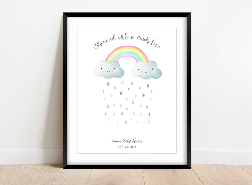 Unique Baby Shower Guestbook with Rainbow, Whimsical Fingerprint Raindrops Keepsake, Custom Rainbow Cloud Baby Shower Art