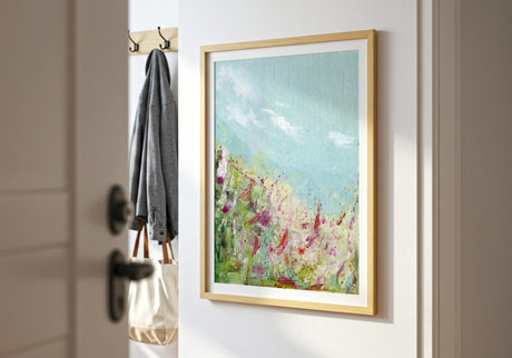 ‘Colours of the Field’ – Bright flower meadow inspired artwork in pinks and oranges.